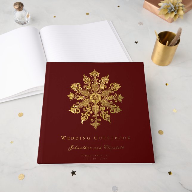 Minimalist Snowflake Wedding | Red Guest Book (Front Open)