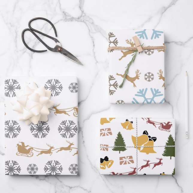 Minimalist Snowflakes, Deers, Trees and Bells Wrapping Paper Sheet (Front)