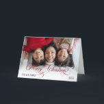 Minimalist Snowflakes Merry Christmas 1 Photo Holi Holiday Card<br><div class="desc">Simple, minimalist one large 5" x 7" family photo featuring script text calligraphy "Merry Christmas" in red with a semi-opaque white fade on bottom into your photo beneath. Simply add your family name and the year. The bottom inside can be personalized with your unique message, closing and typed names/signatures. The...</div>