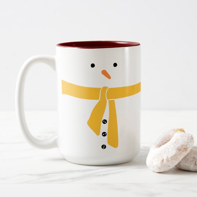 Minimalist Snowman Yellow Scarf Winter  Two-Tone Coffee Mug (With Donut)