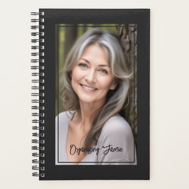 Minimalist Soft Black Personalized Script Photo Planner (Front)