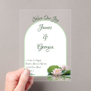 Minimalist soft pink & green lotus wedding acrylic invitations