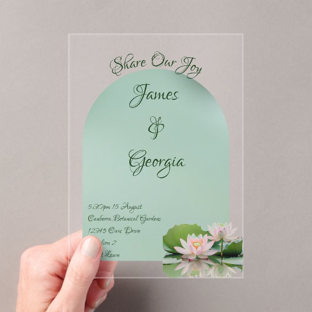 Minimalist soft pink & green lotus wedding acrylic invitations (Insitu (Handheld))