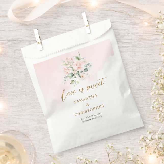 Minimalist soft pink roses eucalyptus gold wedding favour bag (Clipped)