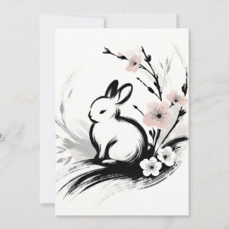 Minimalist Spring Zen Rabbit Cherry Blossoms Holiday Card