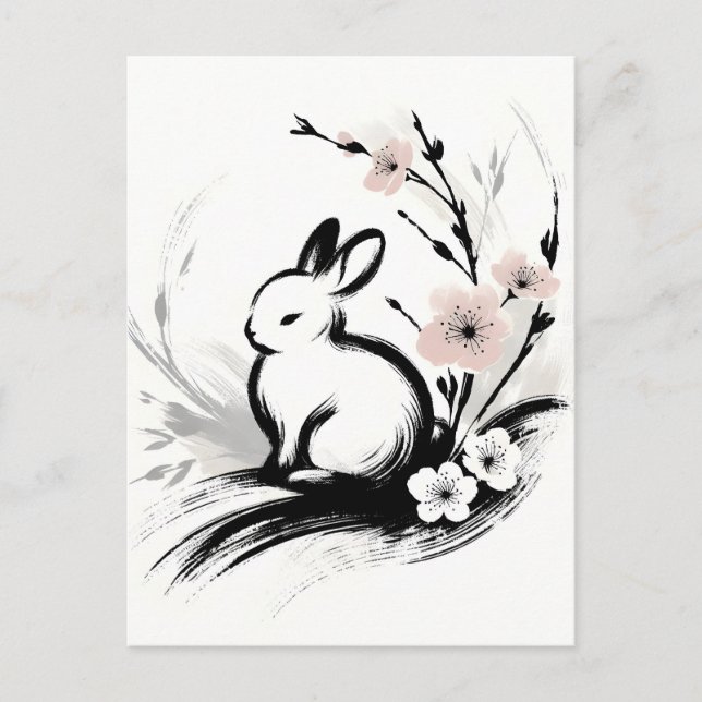 Minimalist Spring Zen Rabbit Cherry Blossoms Holiday Postcard (Front)