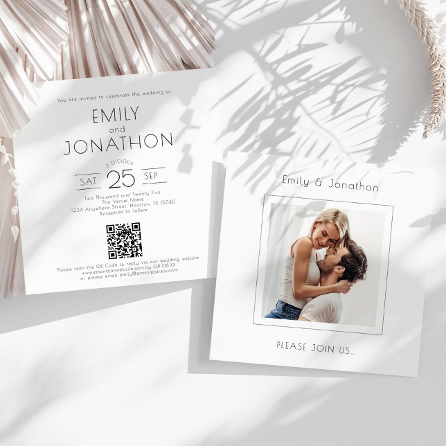 Minimalist Square Photo QR code Wedding Invitation (Front and back view)