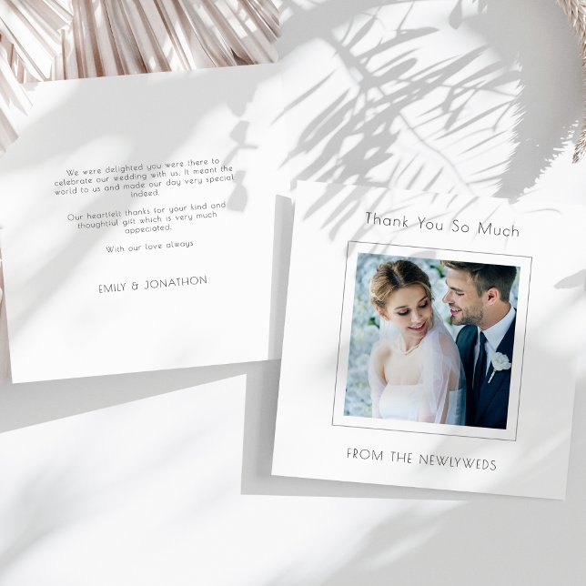 Minimalist Square Photo Wedding Thank You Card (front and back view)