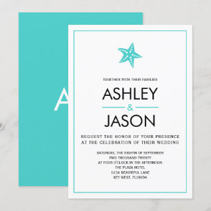 Minimalist Starfish Beach Wedding Invitation, Aqua Invitation