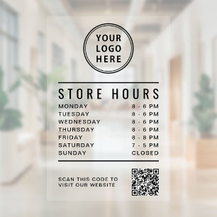 Minimalist Store Hours QR Code Business Logo Window Cling