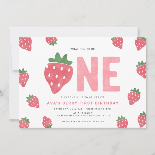 Minimalist Strawberry Berry First birthday Invitation (Front)