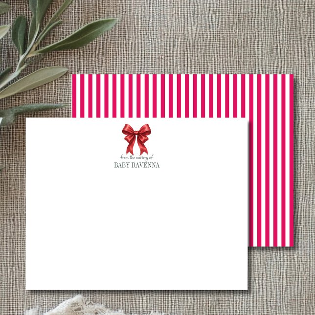 Minimalist Striped Ruby Bow Cute Nursery Note Card (Creator Uploaded)