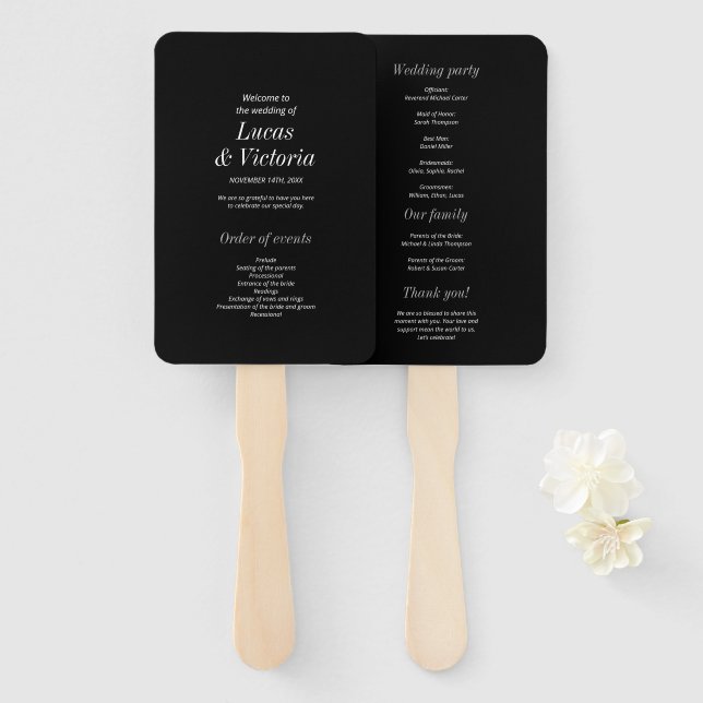 Minimalist Stylish Black Wedding Program Hand Fan (Front and Back)