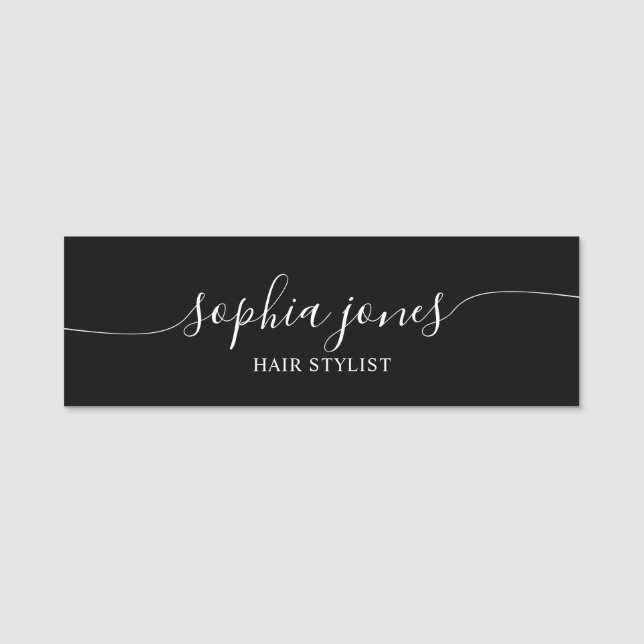 Minimalist Stylish Script Black Name Tag (Front)