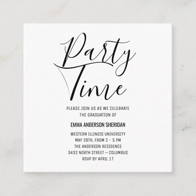 Minimalist Stylish Script Black & White Grad Party Enclosure Card (Front)
