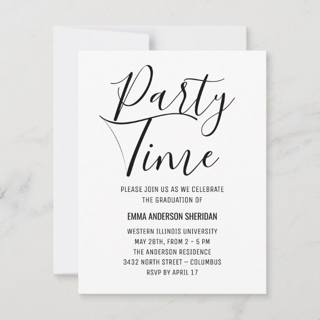 Minimalist Stylish Script Black & White Grad Party RSVP Card (Front)