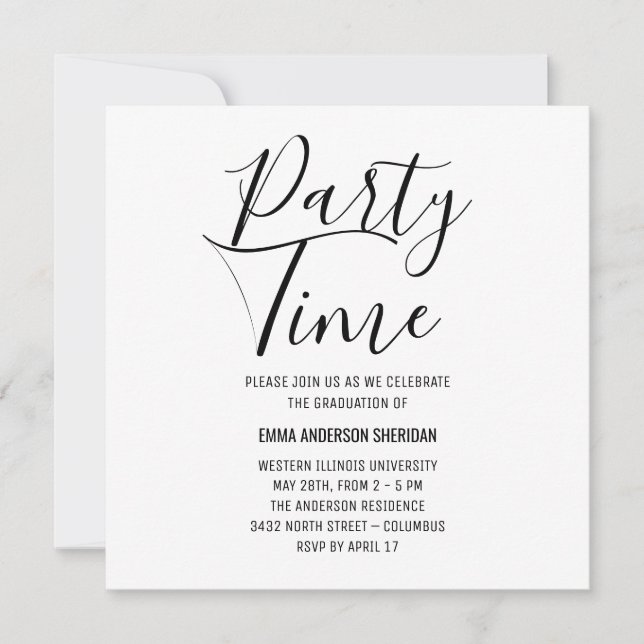 Minimalist Stylish Script Black & White Grad Party Save The Date (Front)