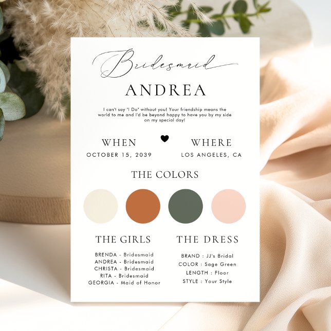 Minimalist Stylish Script Bridesmaid Info Card (Creator Uploaded)