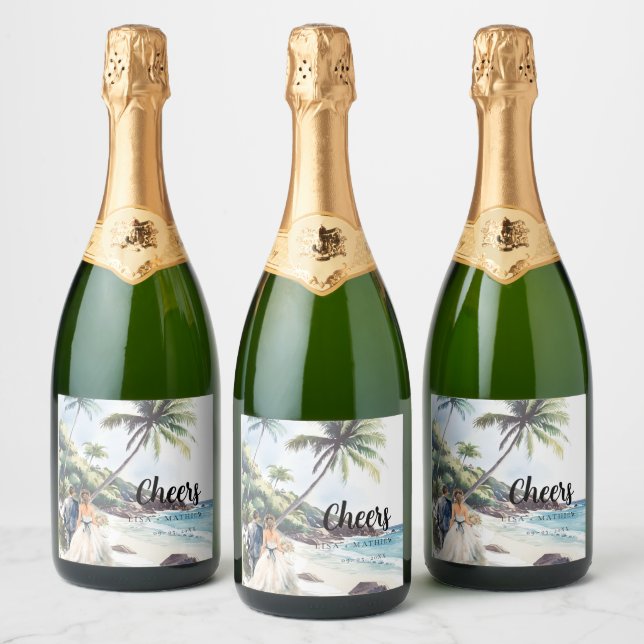 Minimalist Summer Beach Destination Wedding Sparkling Wine Label (Bottles)