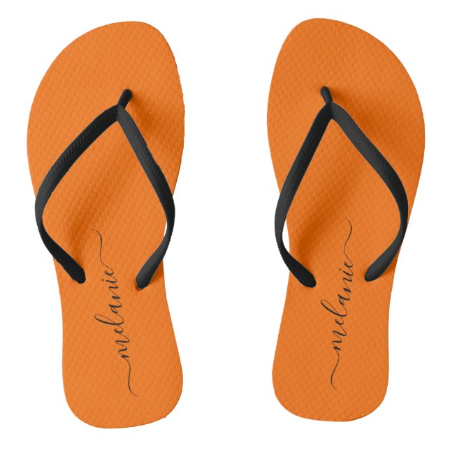 Minimalist Sunburst Orange Custom Script Name Flip Flops (Footbed)