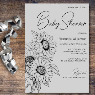 Minimalist Sunflower on Grey Baby Shower Invitation