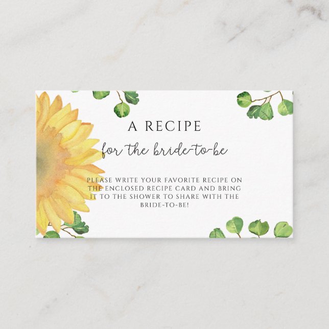 Minimalist sunflower Recipe for the bride to be Enclosure Card (Front)