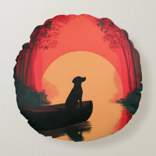 Minimalist Sunset Black Labrador Dog Round Pillow