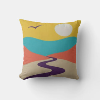 Minimalist Sunset Landscape with River and Bird Throw Pillow