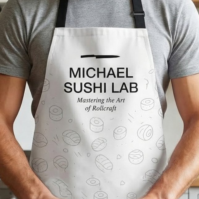 Minimalist Sushi Pattern with Chef Knife Typograph Apron (Personalized sushi chef apron gift for men who love cooking)