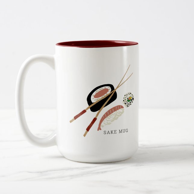 Minimalist Sushi Rolls Sake & Chopsticks Two-Tone Coffee Mug (Left)