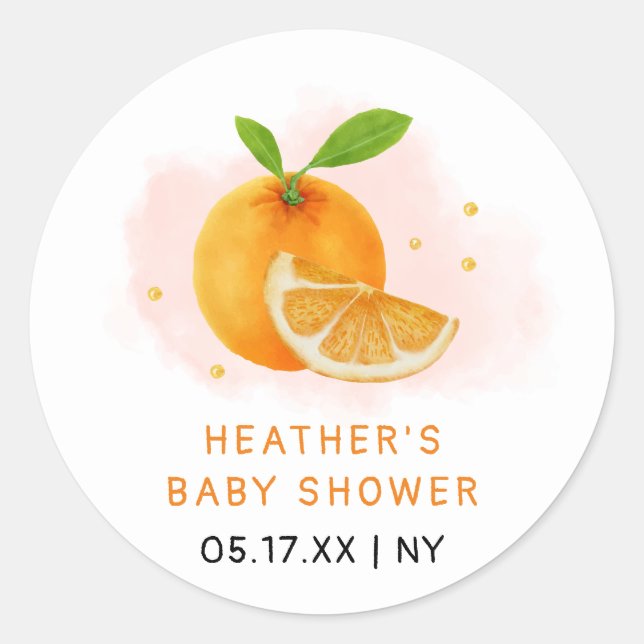 Minimalist Sweet Orange Citrus Baby Shower Classic Round Sticker (Front)