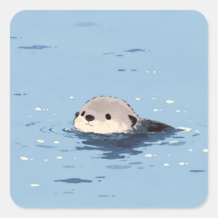 Minimalist Swimming Otter in Blue Water Square Sticker