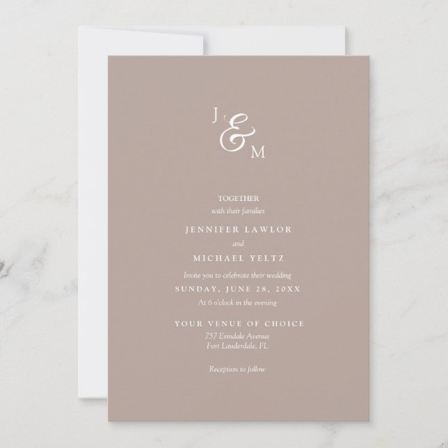 Minimalist Tan Neutral Monogram Wedding Invitation (Front)