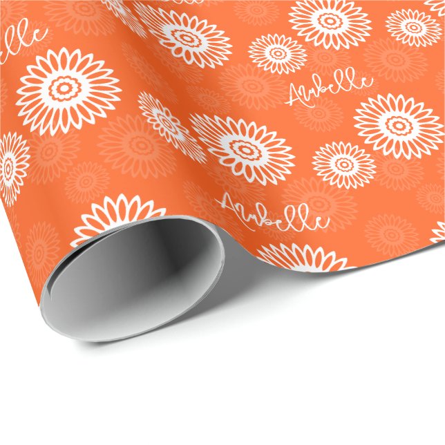 Minimalist tangerine orange daisy floral Name Wrapping Paper (Roll Corner)