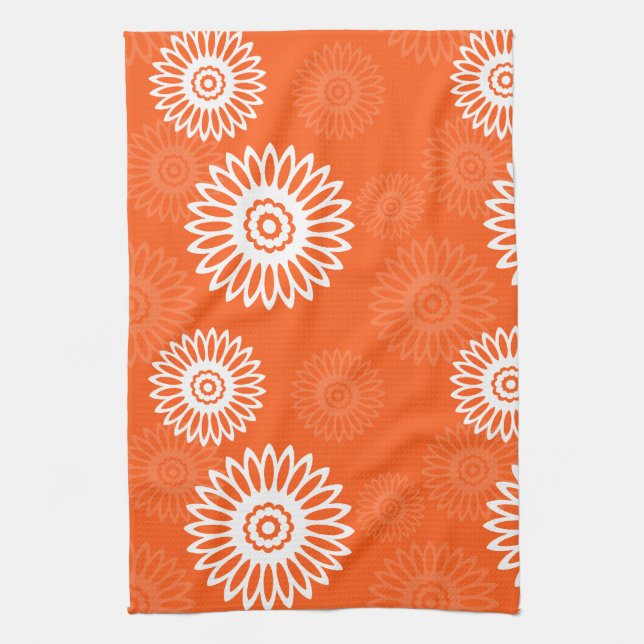 Minimalist tangerine orange daisy floral pattern kitchen towel (Vertical)