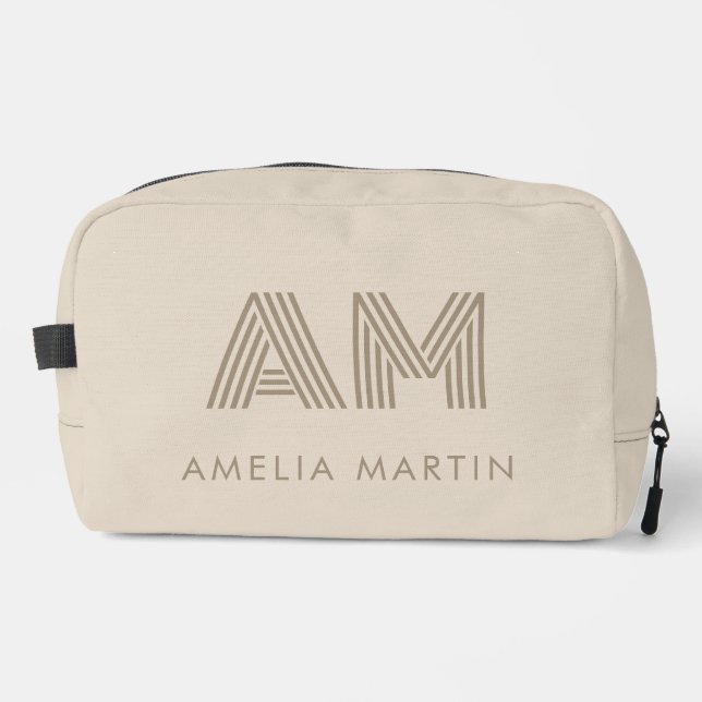 Minimalist Taupe Beige Geometric Custom Monogram Dopp Kit (Front)