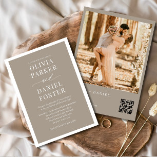 Minimalist Taupe Boho QR Code Photo Wedding Invitation