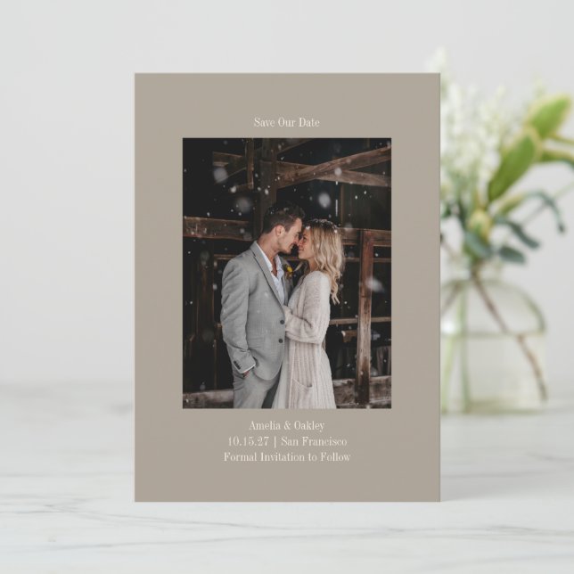 Minimalist Taupe Elegant Wedding Custom Photo Save The Date (Standing Front)