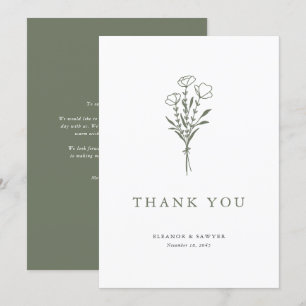 Minimalist Taupe Green Floral Bouquet Wedding Thank You Card