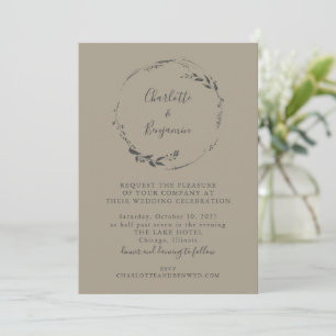Minimalist Taupe Grey Floral Wreath Script Wedding Invitation