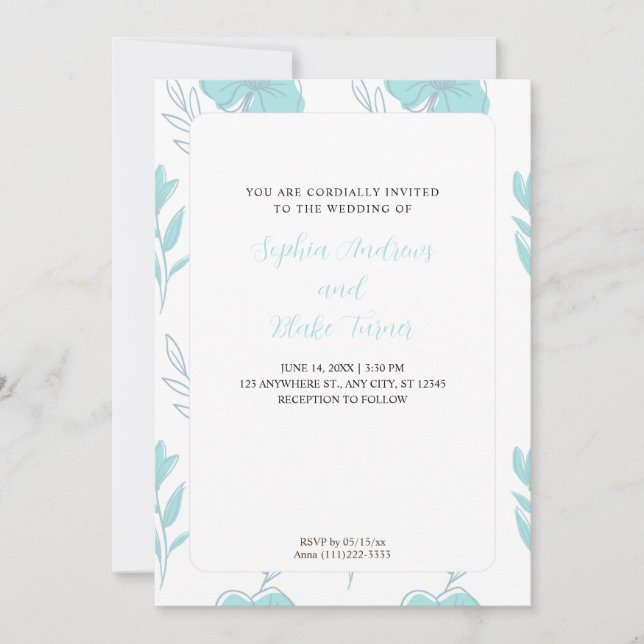 Minimalist Teal and Pastel Green Floral Wedding  Invitation (Front)