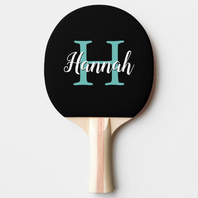 Minimalist Teal Black Script Monogram Name Ping Pong Paddle (Front)