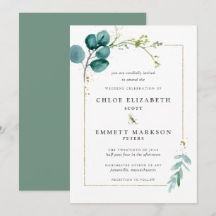 Minimalist Teal Blue Botanical Gold Wedding Invitation