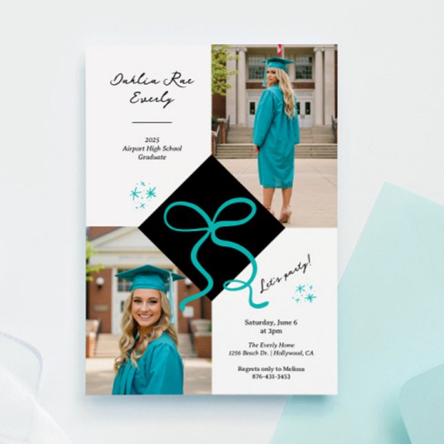 Minimalist Teal Blue Cap and Bow Graduation Photo Invitation (Minimalist Teal Blue Cap and Bow Graduation Invitation)
