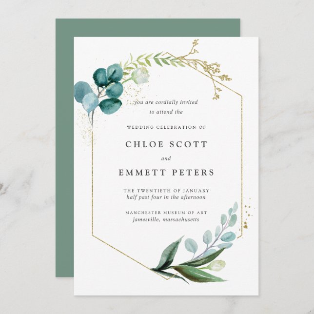 Minimalist Teal Blue Gold Botanical Wedding Invitation (Front/Back)
