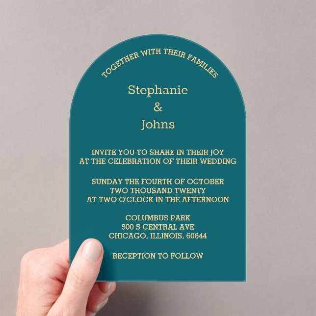 Minimalist Teal Blue Green Gold Script Wedding Acrylic Invitations (Insitu (Handheld))