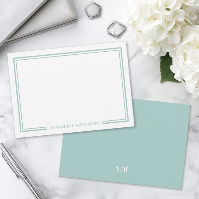 Minimalist Teal Blue Two Border Monogram Card (Minimalist Teal Blue Two Border Monogram Note Card)