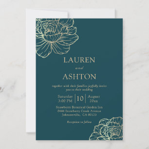 Minimalist Teal Gold Floral Wedding Invitation