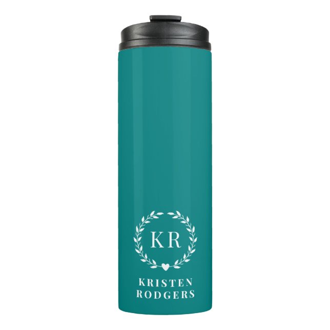 Minimalist Teal Laurel Wreath Crest Monogram Thermal Tumbler (Front)