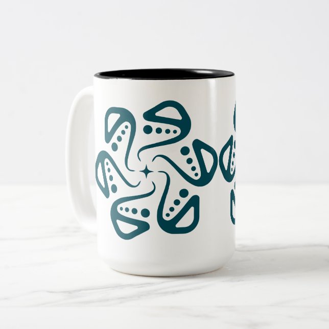 Minimalist Teal Octopus Tentacle Mandala Art Two-Tone Coffee Mug (Front Left)
